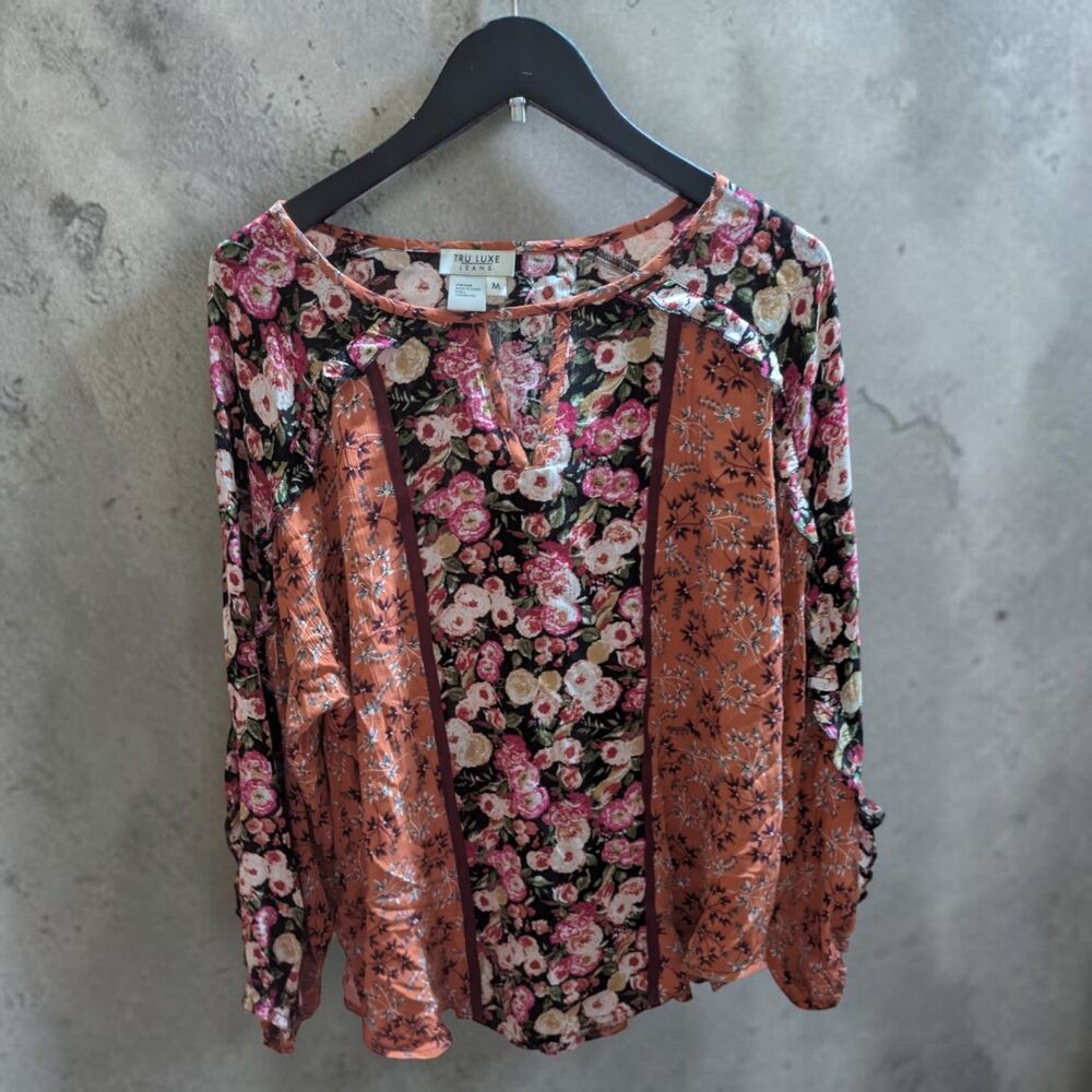 Tru Luxe Jeans Floral Blouse Medium Boho Peasant Top Long Sleeve